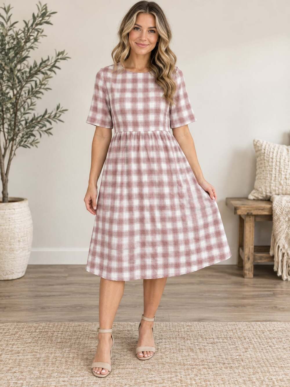 Polagram Pink White Gingham Plaid Midi Dress Cotton Lined Pockets Size S